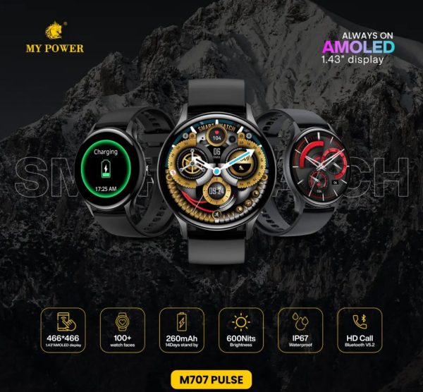 M707 pulse Mypower smartwatch Amoled round display with Bluetooth calling