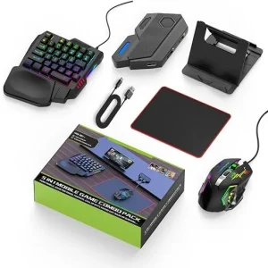 5 in 1 Mobile Game Combo Pack with RGB Mini Gaming Keyboard & Mouse & Mobile Holder ,Gaming adapter with mobile game converter for Android