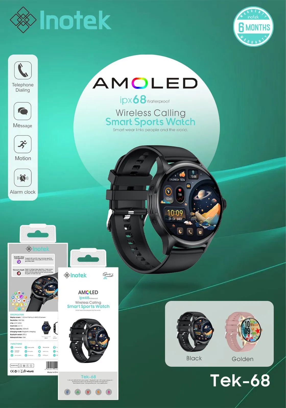 Inotek Tek-68 AMOLED Smart Sports Watch with Wireless Calling | IPX68 Waterproof | 1.43” HD Display - PST