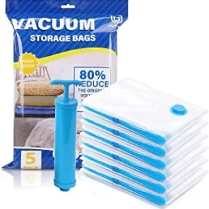 Reusable Vacuum Storage Bags Pack Of 5 Zip Lock Space Saver Clothes Organizer With Free Travel Pump
