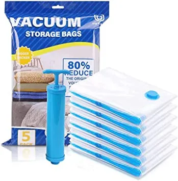 Reusable Vacuum Storage Bags Pack Of 5 Zip Lock Space Saver Clothes Organizer With Free Travel Pump